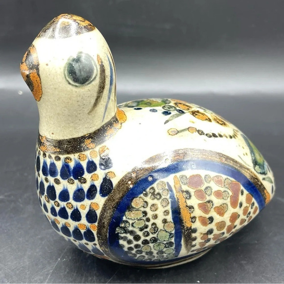 Handmade Mexican Tonala Painted Folk Art Glazed Pottery Bird Statue - 5" - Picture 2 of 6